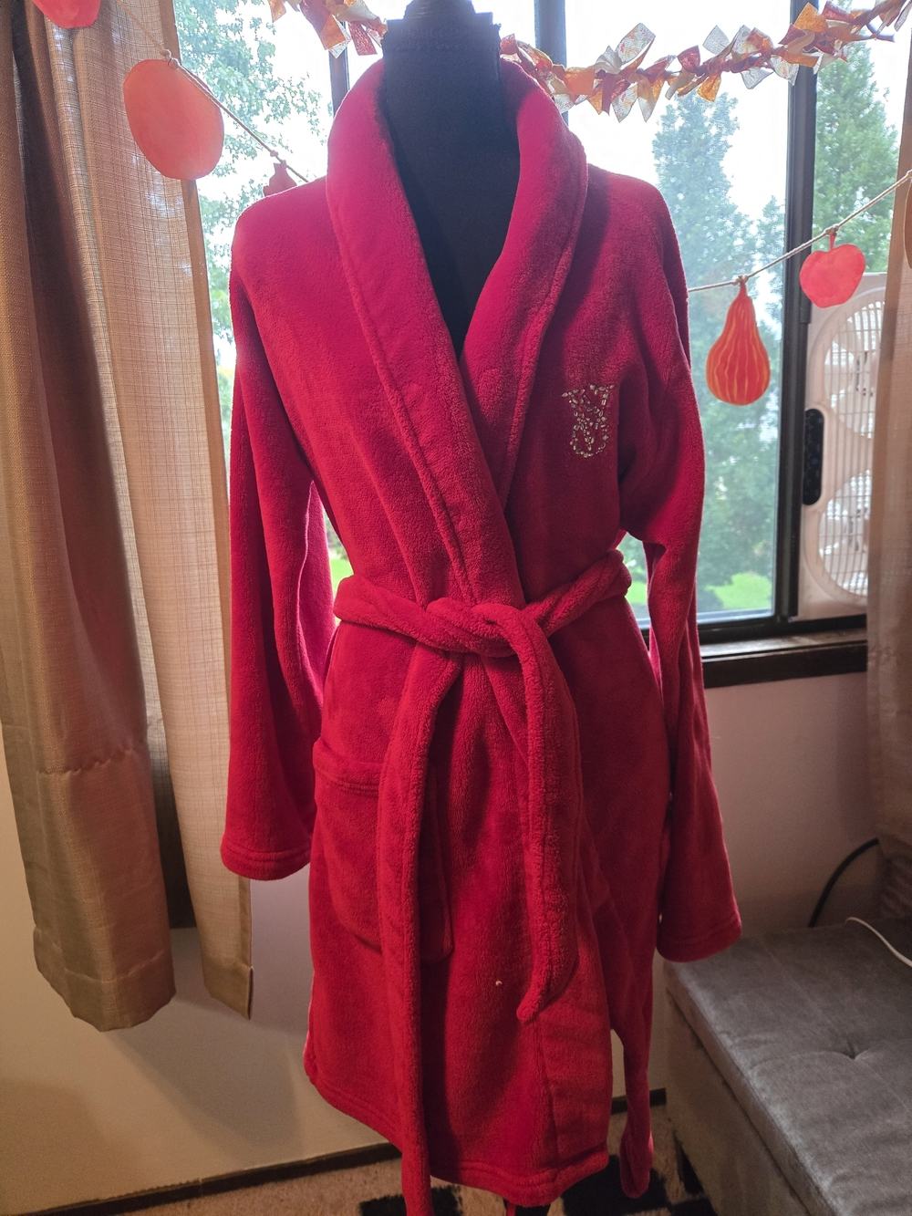 Victoria's Secret Red Plush Shawl-Collar Bath Robe with Embellished Logo